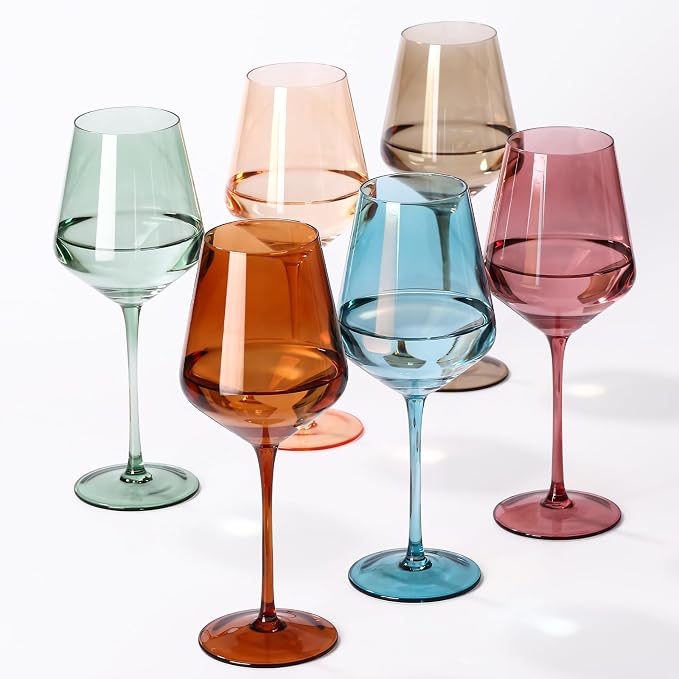 Colored Wine Glasses Set of 6, Handblown Colored Wine Glasse,Coloful Glassware,17OZ for Red or White Wine,Wedding Gift, Anniversary, Christmas, Birthday Wine Glass,Mothers Day Gifts,Gifts for My Wife