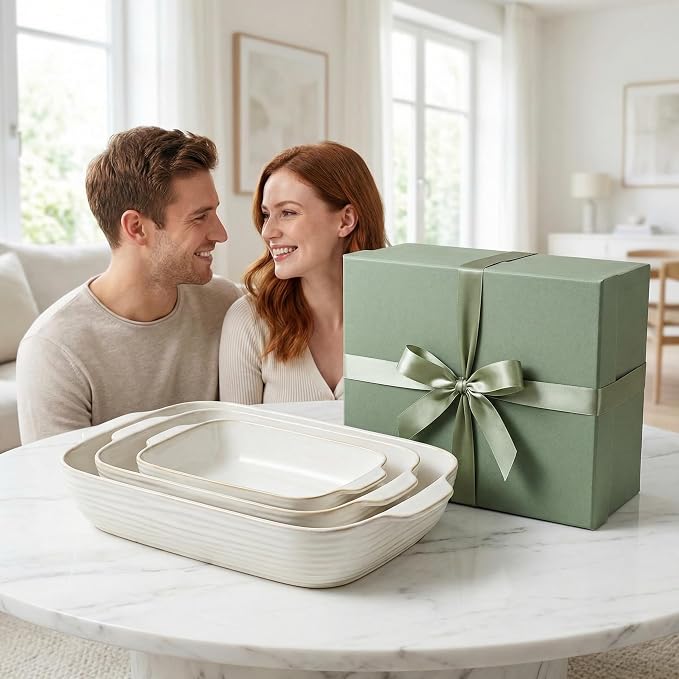 Baking Dish for Oven, Ceramic Casserole Dishes Set for 3, Rectangular Lasagna Pan Deep, Baking Pans with Handle, 12.9“/10.8"/8.4" Bakeware Sets for Cake, Casserole, Kitchen Wedding Gifts, Arctic White
