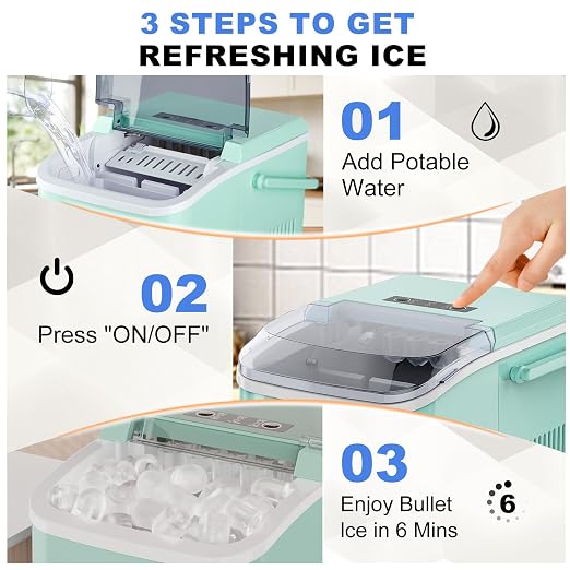 NEWBULIG Countertop Ice Maker Machine with Handle, Portable Bullet Ice Maker Produces 9 Cubes in 6 Minutes, 26 lbs per 24 Hours, Includes Basket & Scoop, for Home Kitchen RV Camping Party, Green