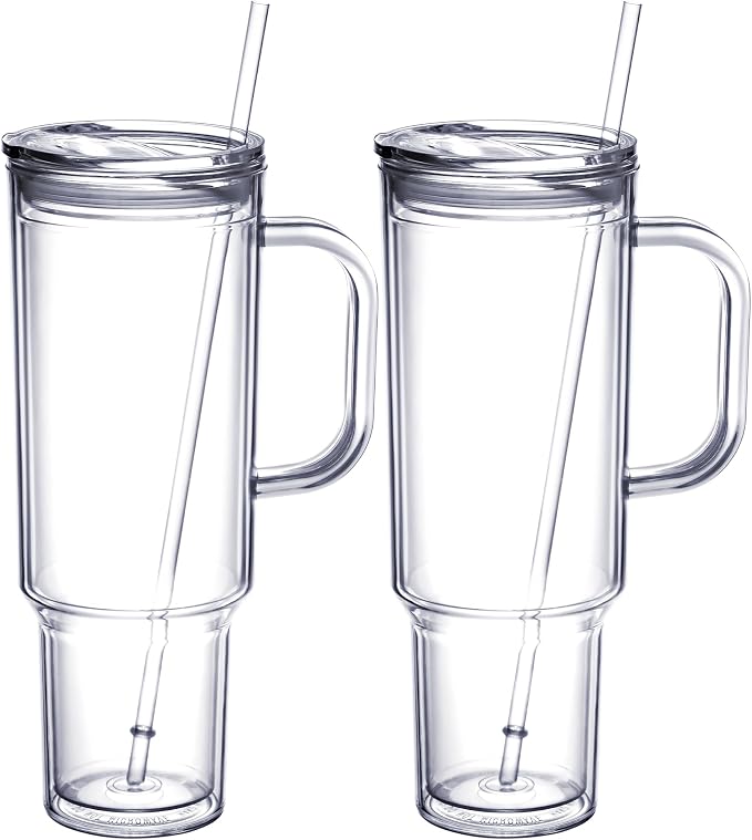 MEWAY 40 oz Acrylic Tumbler with Handle and Straw Lid，Double Wall Vacuum Reusable plastic Water Bottle Travel Mug Cup，Classic Tumblers Cupholder Friendly (2 Pack)