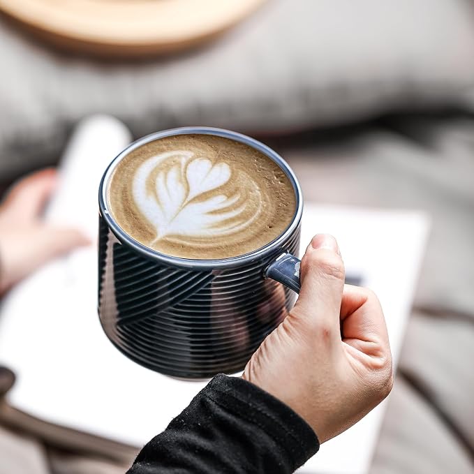Stackable Coffee Mugs with Rack: 13 oz Stacking Ceramic Cups with Stand - Porcelain Stacked Tea Mug Set of 4 (Navy)