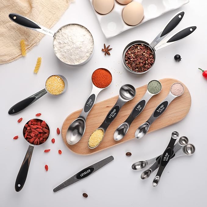 Measuring Cups and Spoons Set Includes 5 Stainless Steel Measuring Cups 7 Magnetic Measuring Spoons and 1 Leveler for Dry or Liquid Ingredients (Black)