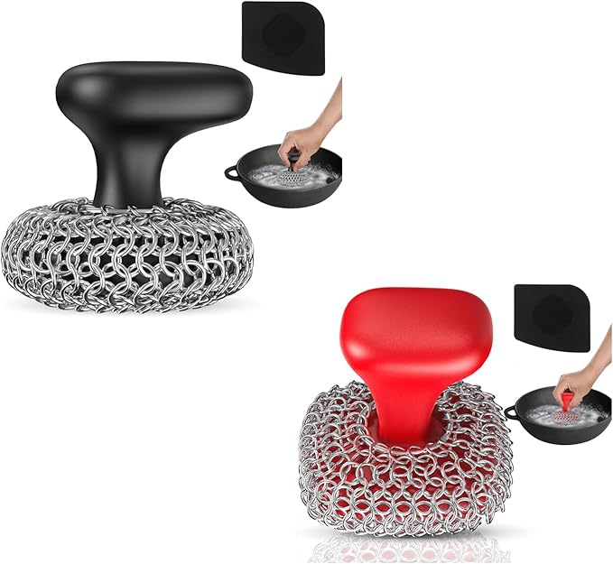Cast Iron Scrubber | Dish Scrub Brush | 316 Cast Iron Cleaner Chainmail Scrubber Circle + Square 2PCS