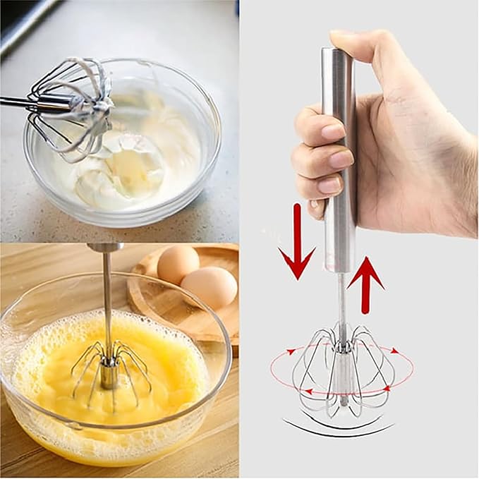 Stainless Steel Semi-Automatic Whisk, 2025 and Mixer Whisks Stainless Steel Egg Whisk Hand Push Rotary Whisks Blender Egg Scrambler Rotating Automatic Eggbeater for Cooking Egg Milk(Blue, 10inch)