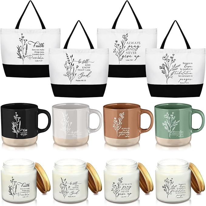 LemonRoad 12 Pcs Christian Gifts for Women Inspirational Large Handle Bag Ceramic Coffee Mug Religious Scented Candle Boho Flower Bible Design Religious Gift for Sister Church Party Friend