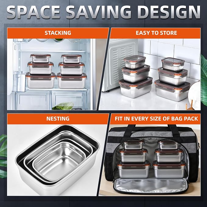 Stainless Steel Airtight Food Storage & Bento Lunch Box Set of 6 - Leakproof Seal, Dishwasher & Freezer Safe, Stackable, 3 Sizes (19.4/38.8/67oz) for Meal Prep, Work, Travel