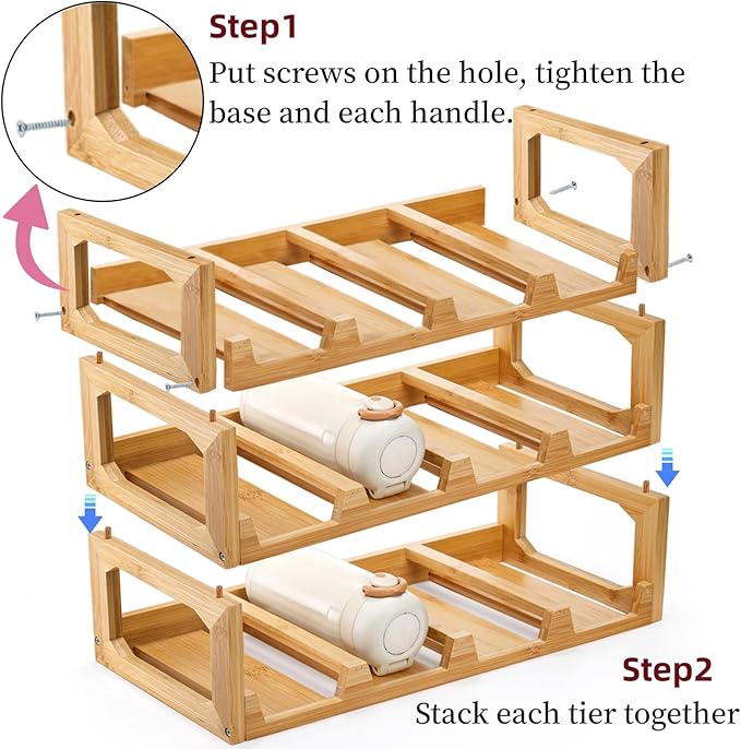 Pumtus 3 Tier Bamboo Water Bottle Organizer, Stackable Bottle Storage Rack, Tumbler Shelf Organizer, Wine Bottle Holder, Drinking Cup Display Rack for Cabinet Kitchen Cupboard, Hold 12 Bottles