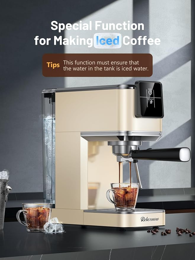 RELEXNOW Espresso Machine, 20 Bar Espresso Maker Milk Frother & LCD Panel, Hot & Iced Coffee Machine, Stainless Steel Espresso Coffee Machine with 41oz Water Tank for Cappuccino, Latte