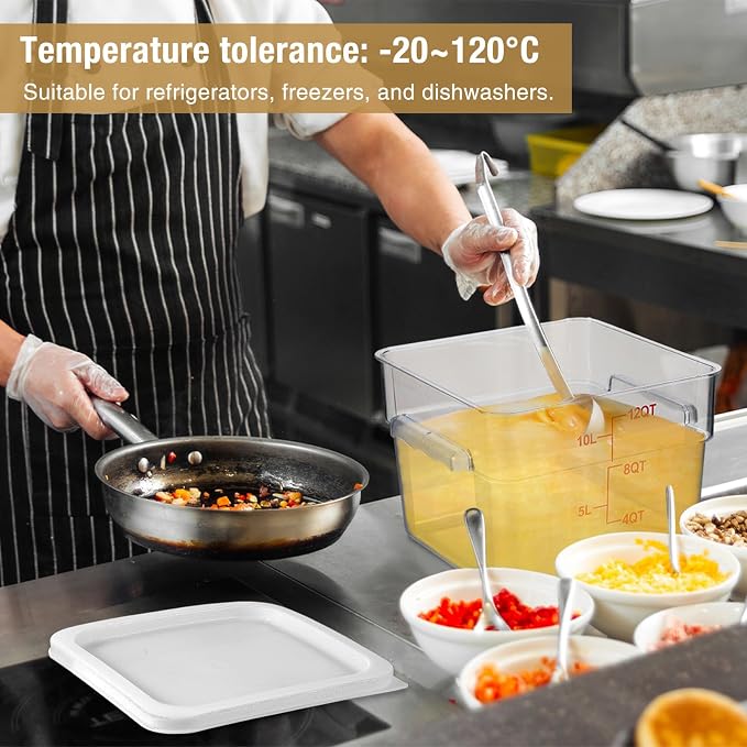 FoldTier 2 Pieces Square Food Storage Containers Polycarbonate Clear food Container with Lid Commercial Storage with Graduations for Commercial Kitchen Dough Marinating Meat(White,12 Qt)