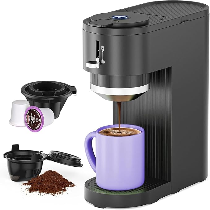 Electactic Single Serve Coffee Maker, Dual Brew for Capsule & Ground Coffee, 5 Adjustable Sizes Up to 14 Oz, Compact Quick Brew with Adjustable Funnel Height, Easy Clean for Home/Office/Outdoor