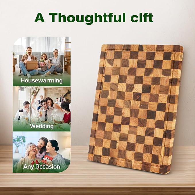 Acacia Wood Cutting Boards for Kitchen, Checkered Chopping Board with Juice Grooves & Handles, Large Butcher Block Serving Tray with Non‑Slip Feet, 17" x 11.8" x 1.5"