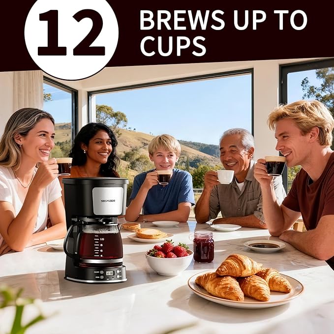 Programmable 12 Cup Drip Coffee Maker, Silver, Stainless Steel | Auto Brew, Keep Warm Function, Removable Filter Basket, Auto Shut-off, Clear Water Level Window,Silver and Black