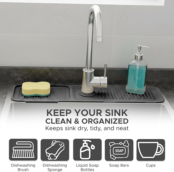 24 Inch Longer Faucet Mat for Kitchen Sink| 5° Slope Fast Self-Draining Sink Splash Guard | Multipurpose Faucet Mat Foldable Durable No Smell | Cut-to-Fit Opening Up to 2.6in | Dark Grey
