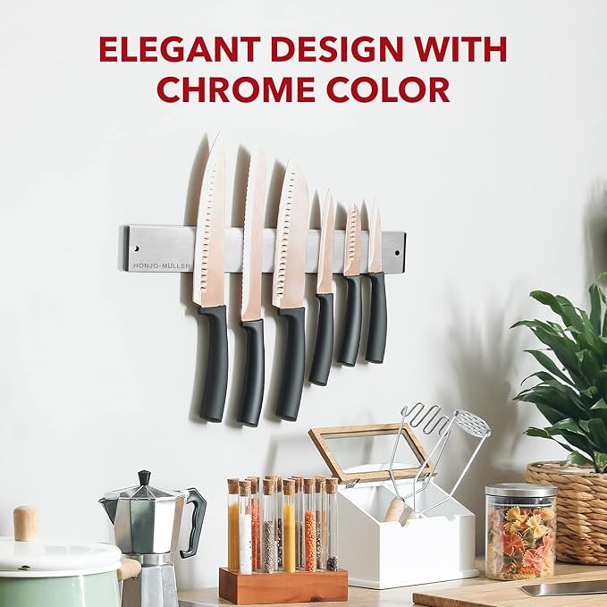 HONJO-MLLER Magnetic Knife Holder for Wall - 12 Inch Steel Knife Magnetic Strip | Modern Black Wall-Mounted Knife Holder