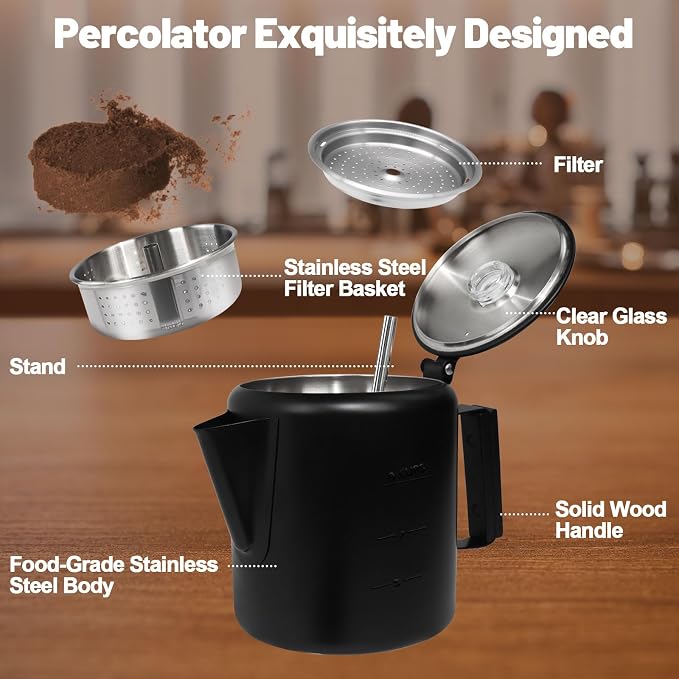 9 Cup Percolator 304 Stainless Steel Coffee Pot Coffee Maker Coffee Machine with Solid Wood Handle Transparent Knob Stovetop Greca Mocha for Induction Home and Camping 1500ml 50.7oz Black
