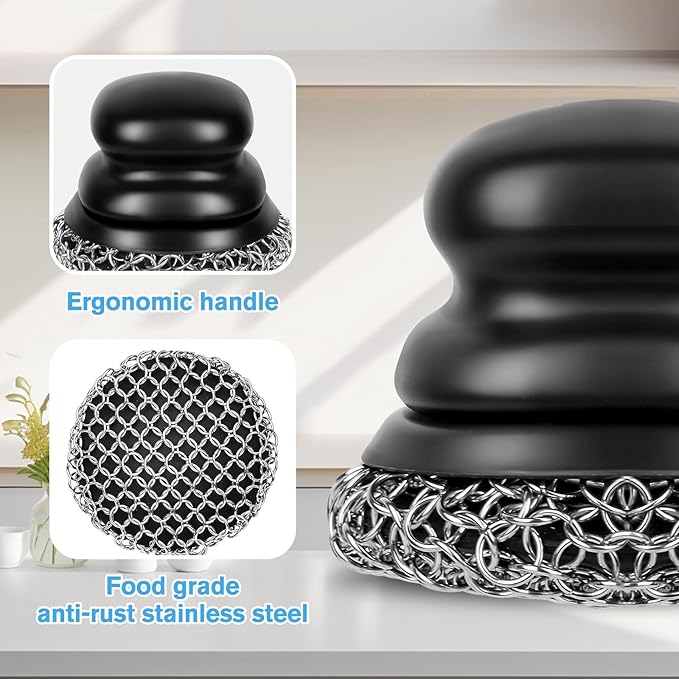 Onewly Cast Iron Scrubber (2 × Black Coarse Mesh) and and Scraper, Chain Mail Scrubber for Cleaning Stock Pots, Pans, Griddles, Grills, Cast Iron Skillets, Dish Scouring Pads