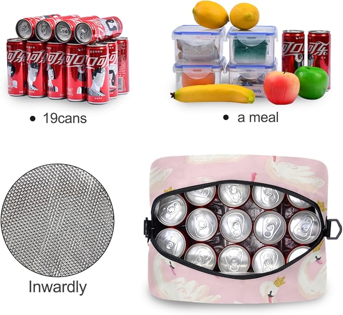 OREZI Lunch Bag for Girls Women,White Swans And Pink Feathers Lunch Box Container with Detachable Shoulder Strap,Insulated Lunch Coolers for School Office