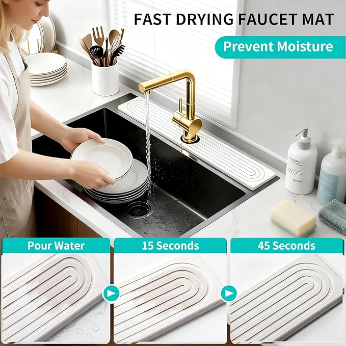 Absorbent Stone Faucet Mat for Kitchen Sink, Diatomite Stone Sink Tray Quick Dry, Bathroom Sink Splash Guard Behind Faucet, Water Catcher & Draining Mat for Sink Counter Protector, 15.8" x 4"