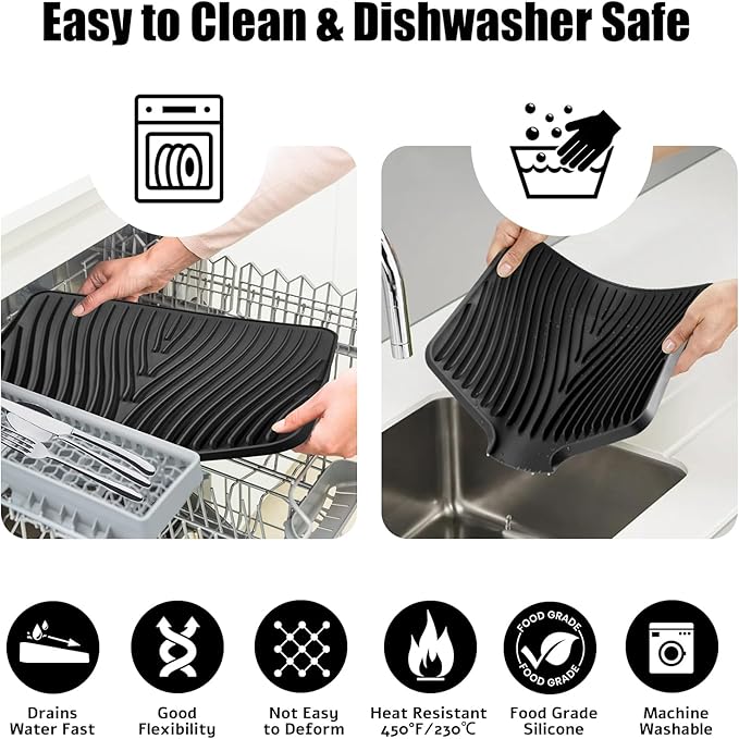 TIKNIK Silicone Dish Drying Mat, Stone Drying Mat for Kitchen Counter with Built-In Drain, Non-Slip Drain Pad with Built-in Drain, Heat Resistant Stone Drying Mat, Hangable, Black-2pcs, 20" x 15"