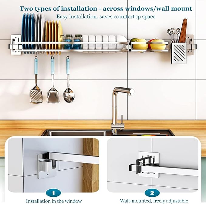 Stainless Steel Wall Mounted Dish Drying Rack, Dish Shelf Kitchen Storage Organizer, Chopsticks Cage Knife Holder, Space Saving, 31.4 inches