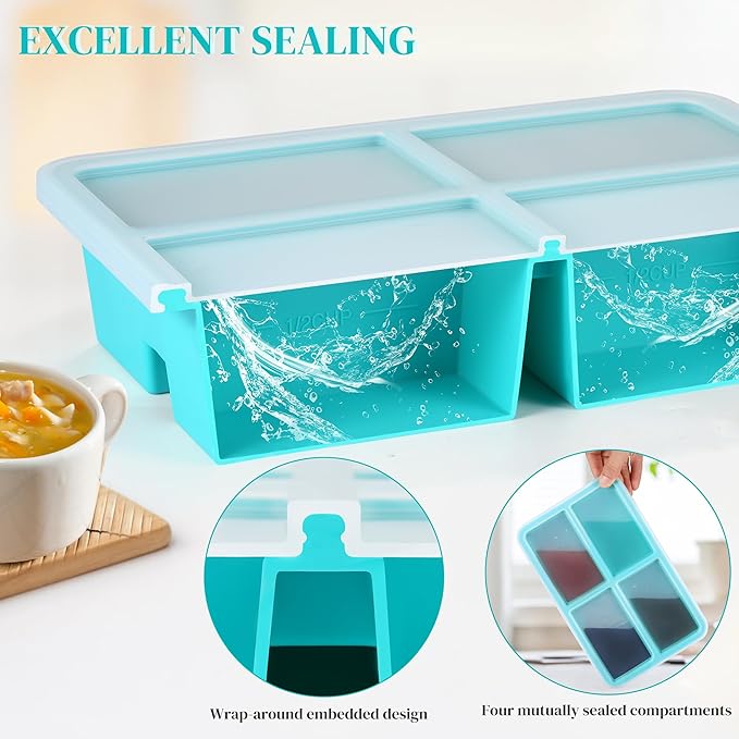4 Pack Silicone Freezer Trays With Lid - 1 Cup Molds for Soup, Broth, Leftovers - Microwave-Safe Container - Aqua