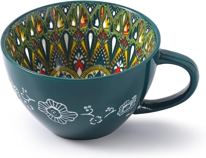 Large Coffee Mug, 15 oz Boho Coffee Mug Ceramic with Handle, Porcelain Tea Cup, Coffee Cup for Cappuccino and Latte, Microwave & Dishwasher Safe, Ideal Gift for Family/Friend (Green)