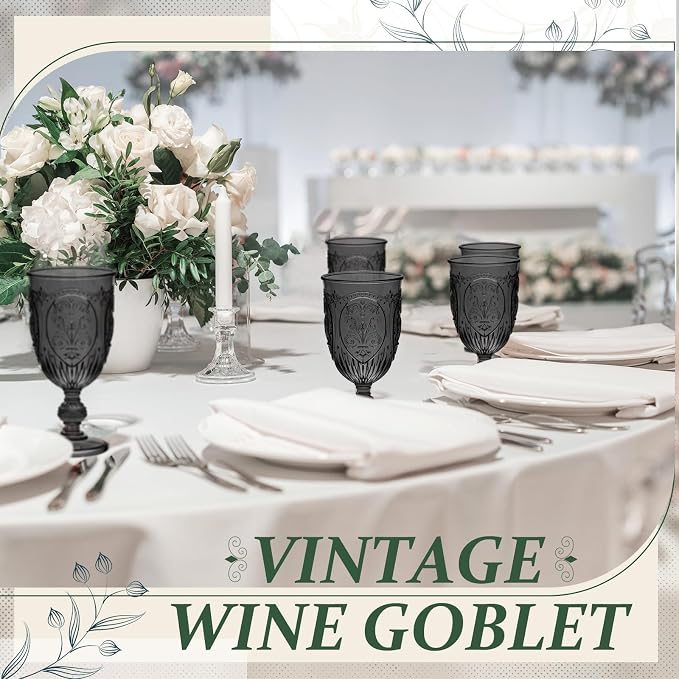 Wiwiqing 48 Pcs Plastic Goblets 7.5oz Vintage Goblet Plastic Wine Glasses Colored Retro Embossed Water Goblets for Wine Bar Juice Baby Shower Wedding Reception Grand Event Party (Black)