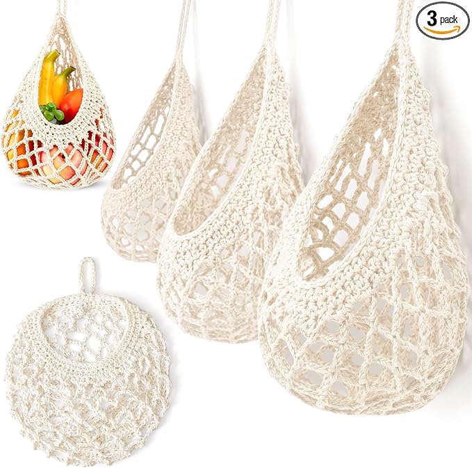 Honeydak Boho Decor Hanging Wall Baskets for Kitchen 3 Pack Teardrop Baskets with Hooks Storage Fruit Onion Vegetable Potato for Home 3 Sizes (White,Crochet,Cotton Rope)
