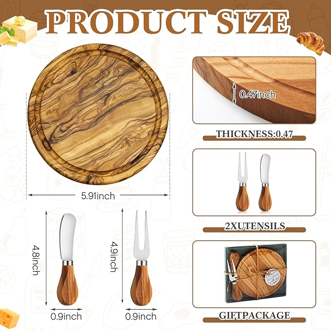 Maxcheck 1 Set Baby Shower Bridal Game Prizes for Winners Round Cheese Board Set Wood Mini Charcuterie Board with Knives and Forks Thank You Card with Gift Box for Guests Wedding (Olive Wood)