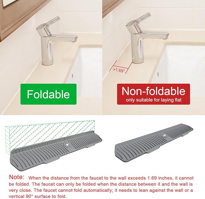 Sink Drain Mat Behind Faucet,Faucet Guard Draining Mat, 90° Foldable Tap Draining Mat for Kitchen Sink with 2 Water Ports, Faucet Drain Mats for Kitchen, Bathroom, etc (Gray, 29.5"*6.1")