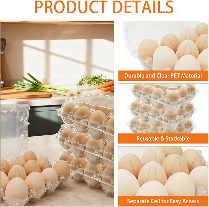 100 Pack 3x4 Plastic Egg Cartons Bulk 12 Count Clear, Reusable Stackable Dozen Chicken Eggs Containers Holders for Storage, Family, Farm Markets and Commercial Display