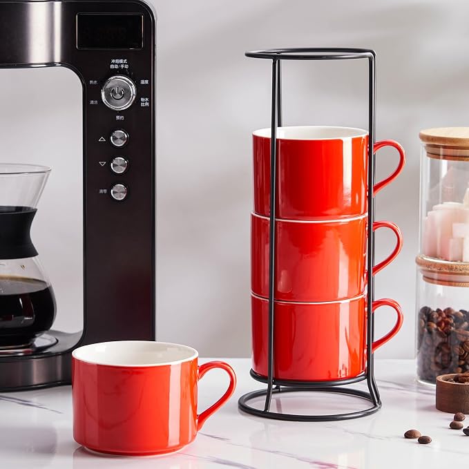 10oz Porcelain Stackable Coffee Mugs and Metal Stand Set of 4, Espresso Cups Set for Hot Drinks, Cappuccino, Tea-Red