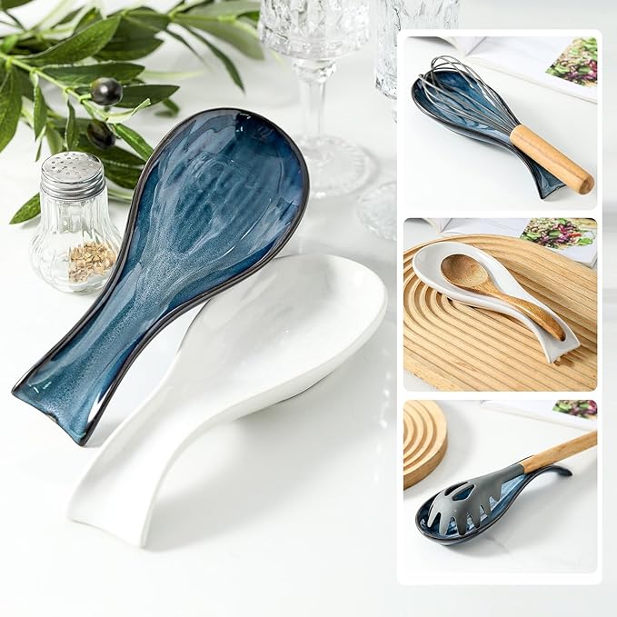 Ceramic Spoon Rest for Stove Top,Large 8.7 Inch Spoon Holder for Kitchen Counter, Porcelain Utensil Rest for for Ladle, Spatula, Tongs, Housewarming Gift,Dishwasher Safe and Heat-Resistant,White(1 PC)
