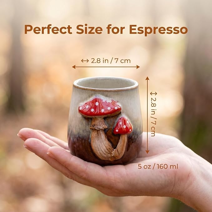 dgudgu Mushroom Espresso Cups Set of 4-5Oz Ceramic Demitasse Mugs with 3D Mushroom Embossed, Reactive Glaze Brown Gradient, Small Coffee Cups for Home Barista, Latte,Cappuccino