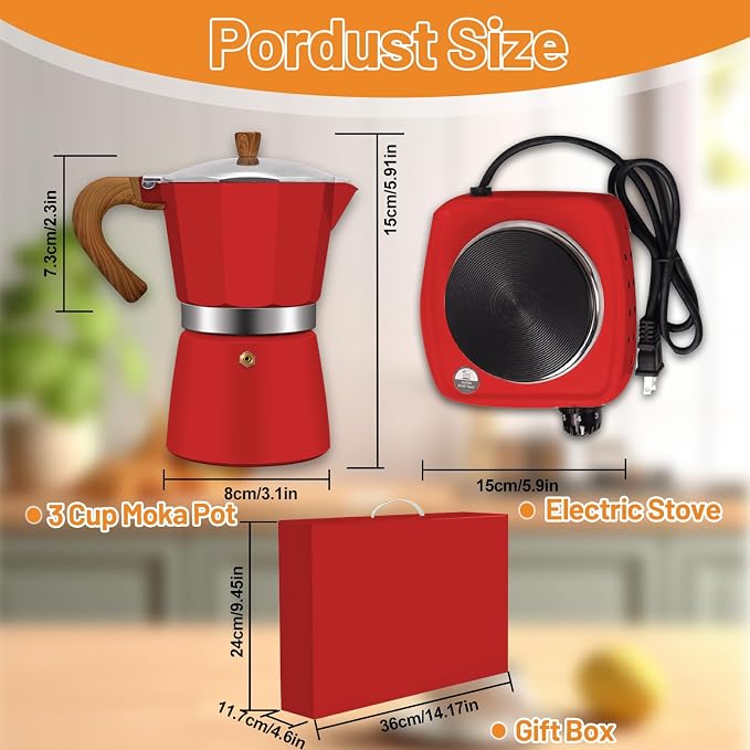 2-in-1 Aluminum Moka Pot Set with Electric Stove Classic Stovetop Espresso Coffee Maker 150ml 5oz Mocha Express Portable Gift Camping Travel Preferred Cafe Italian Cuban Café Brewing 3 Cup