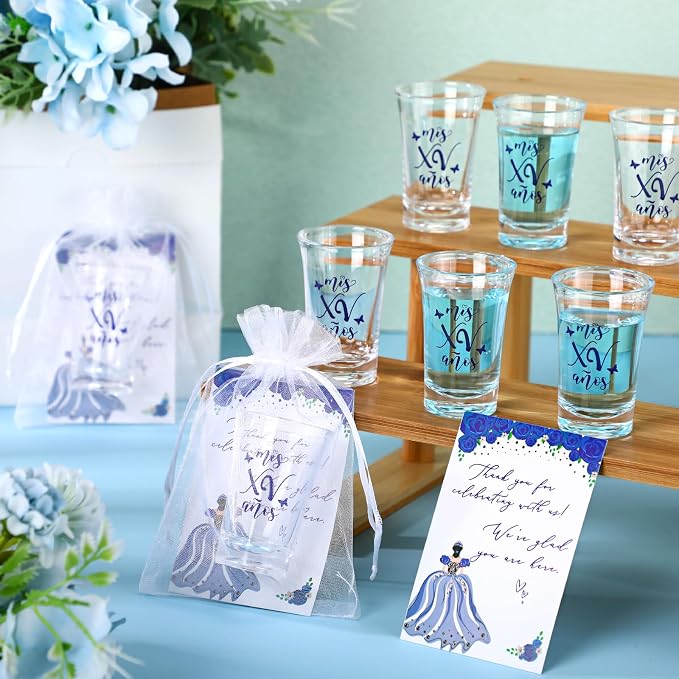 Havawish 50 Sets Quinceanera Party Favors for Guests Quinceanera Acrylic Clear Personalized Shot Glasses Thank You Cards with Organza Bags Mis Xv Años Sweet 15 Birthday Party Favors (Blue)