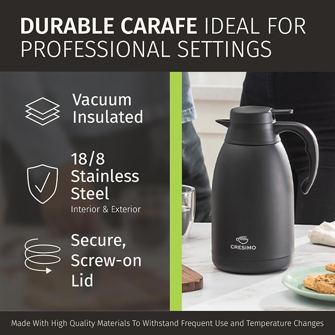 Cresimo 68 Oz Stainless Steel Black Thermal Coffee Carafe/Double Walled Vacuum Flask / 12 Hour Heat Retention / 2 Liter Tea, Water, and Coffee Dispenser