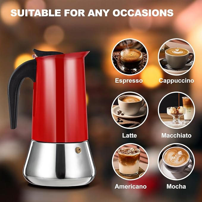 6 Cup Stovetop Espresso Maker Stainless Steel Moka Pot Stove Top Percolator Italian Coffee Makers Capable Mocha Greca Machine Cafe Classic Induction Cookers for Home and Camping 300ml 10oz