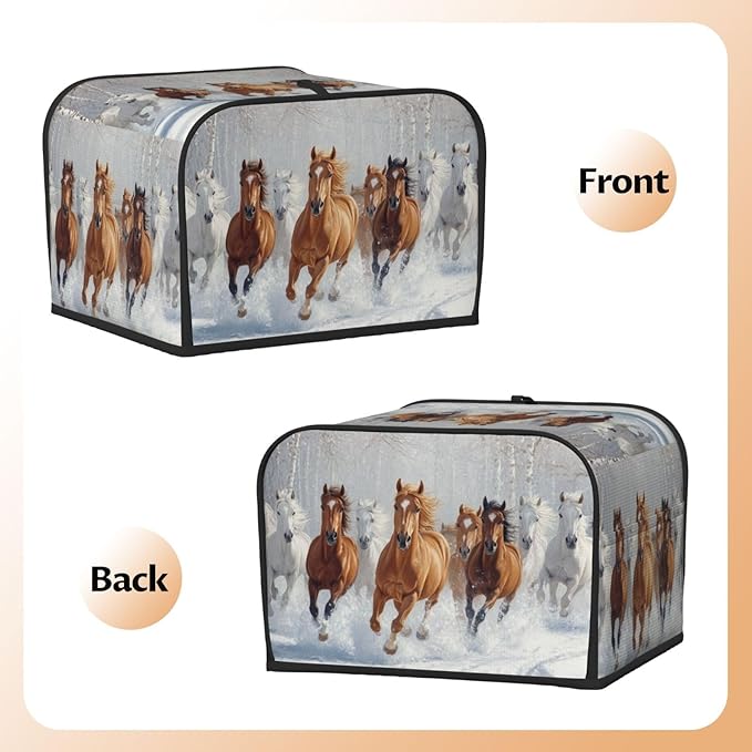 4 Slice Toaster Cover for Kitchen Horses Snow Winter Waterproof and Dustproof Oxford Fabric Toaster Dust Cover with Side Pockets Decorative Universal Cover for Wide Slot Toasters and Small Appliances