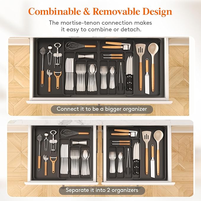 Lifewit Silverware Drawer Organizer, Expandable BPA Free Plastic Utensil Tray for Kitchen, Adjustable Flatware Cutlery Holder for Spoons Forks Knives, 21.3- 36 x 16.9", Black