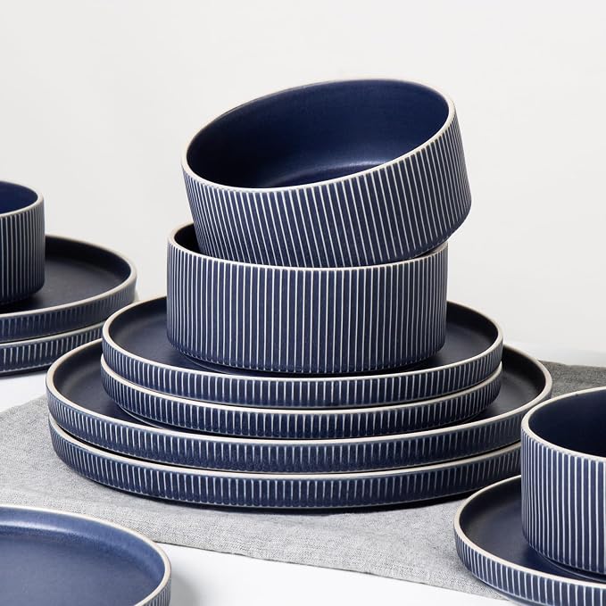 Dinnerware Set Service for 6, 18-Piece Ceramic Plates and Bowls Set, Chip & Scratch Resistant, Microwave and Dishwasher Safe, Modern Minimalist Tableware for Everyday Use, Matte Blue