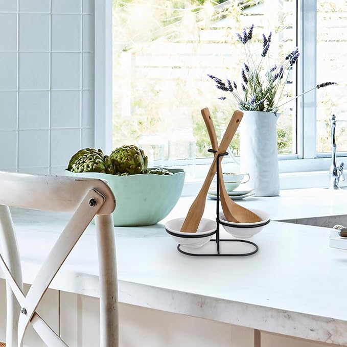 MyGift Countertop Ceramic Spoon Rest with Matte Black Metal Stand, Upright Ladle Holder Rack with 2 Bowl Dish