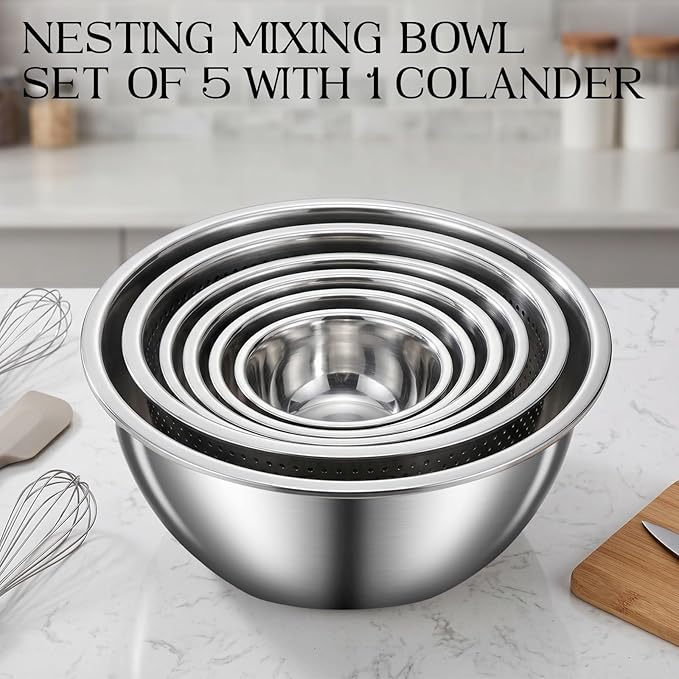 DUTZUN Stainless Steel Mixing Bowls with Colander for Baking, Prep, Cooking | Kitchen Appliances - Metal Mixing Bowl Set of 5 (4, 2.2, 1.6, 1.2 & 0.8 QT) plus 3 QT Strainer