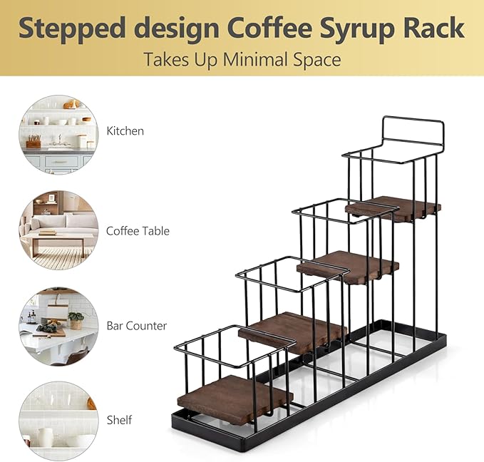 Coffee Syrup Rack Organizer, with Rustic Wood Holder Coffee Station Bar Accessory for Syrup, Wine, Dressing Bottle Countertop Display Storage Stand for Kitchen with Basket and Hooks Holds 4 Bottles