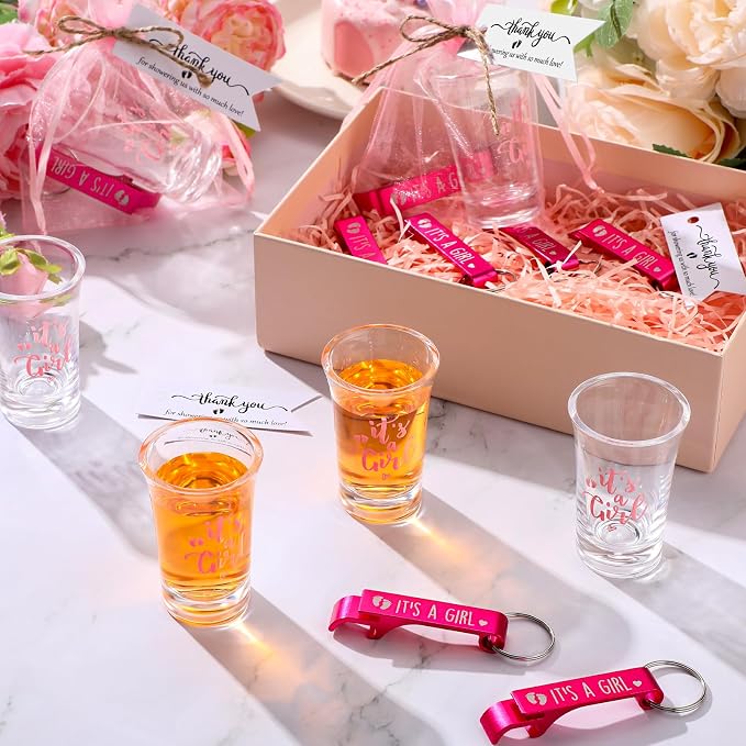 50 Sets Baby Shower Favor for Guests Acrylic Shot Glasses with Bottle Opener Keychains Thank You Tags and Bags Gender Reveal Party Favors for Guest Baby Shower Return Gift(Girl)