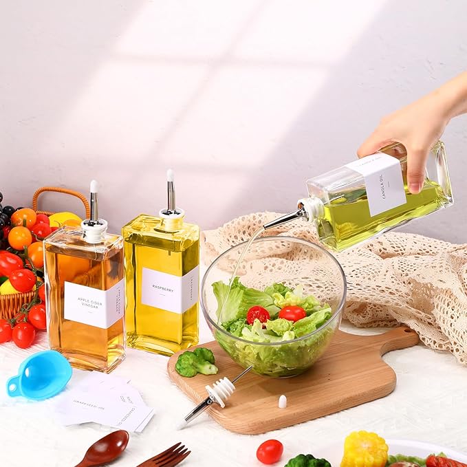 Reallnaive 3 Sets Olive Oil Dispenser Bottles for Kitchen with Nozzles Funnel Labels Cooking Oil Dispenser 500ml Set for Kitchen Vinegar Coffee Syrup (Silver)