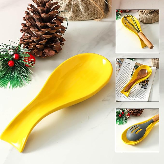Spoon Rest for Stove Top, Ceramic 8.7 Inch Large Spoon Holder for Kitchen Counter, Yellow Porcelain Utensil Rest for Ladle, Spatula, Tongs, Housewarming Gift, Dishwasher Safe and Heat-Resistant (1 PC)