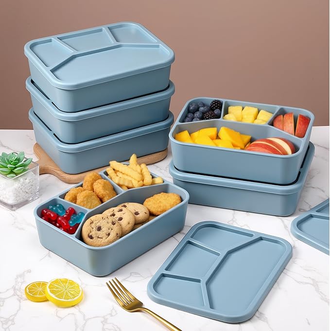 Honeydak 6 Pcs Silicone Bento Box Reusable Lunch Container 4 Compartment Snack Boxes with Lid Smooth LeakProof Rectangle Food Boxes for Adult Work Travel Food Storage (Blue)