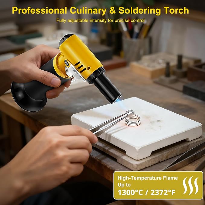 TBTeek Butane Torch with Fuel Gauge T907, One-hand Operation Kitchen Torch Lighter with Adjustable Flame for BBQ, Baking, Brulee Creme, Crafts and Soldering(Butane Gas Not Included)