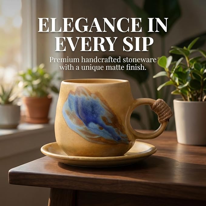 Little handmade ceramic pottery tea cup with saucer, espresso cup | 8 oz stoneware demitasse cup for lungo,cortado,Matcha, Americano